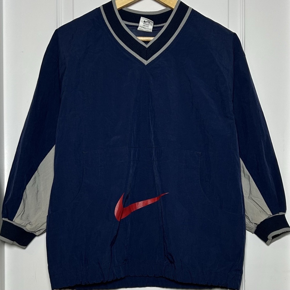 Nike Boys' Vintage 90s Navy Blue Red Swoosh Logo V-Neck Oversized Windbreaker